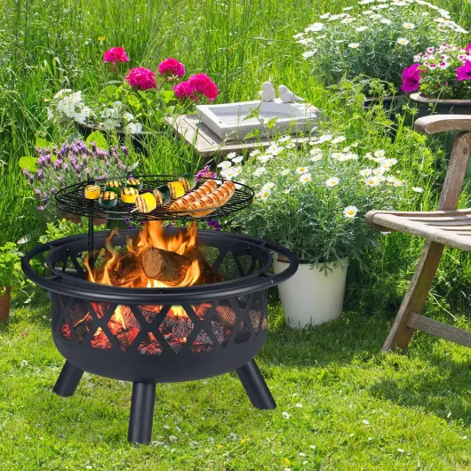 Brasero avec Grillage, avec Protection étincelles & tisonnier, terrasse, D 75 cm, Jardin et terrasse, Noir