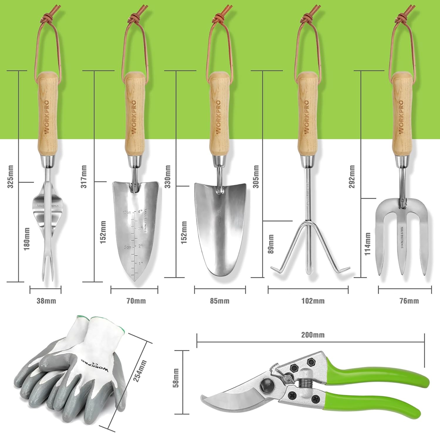 Outils de Jardinage, 8 Pièces, Ensemble de Jardinage en Acier Inoxydable Lourd avec Poignée de Bois, Sécateur, Gants, Sarcloir, Griffe, Fourche, Pelle à Terreau, Transplantoire pour Jardinier Vert
