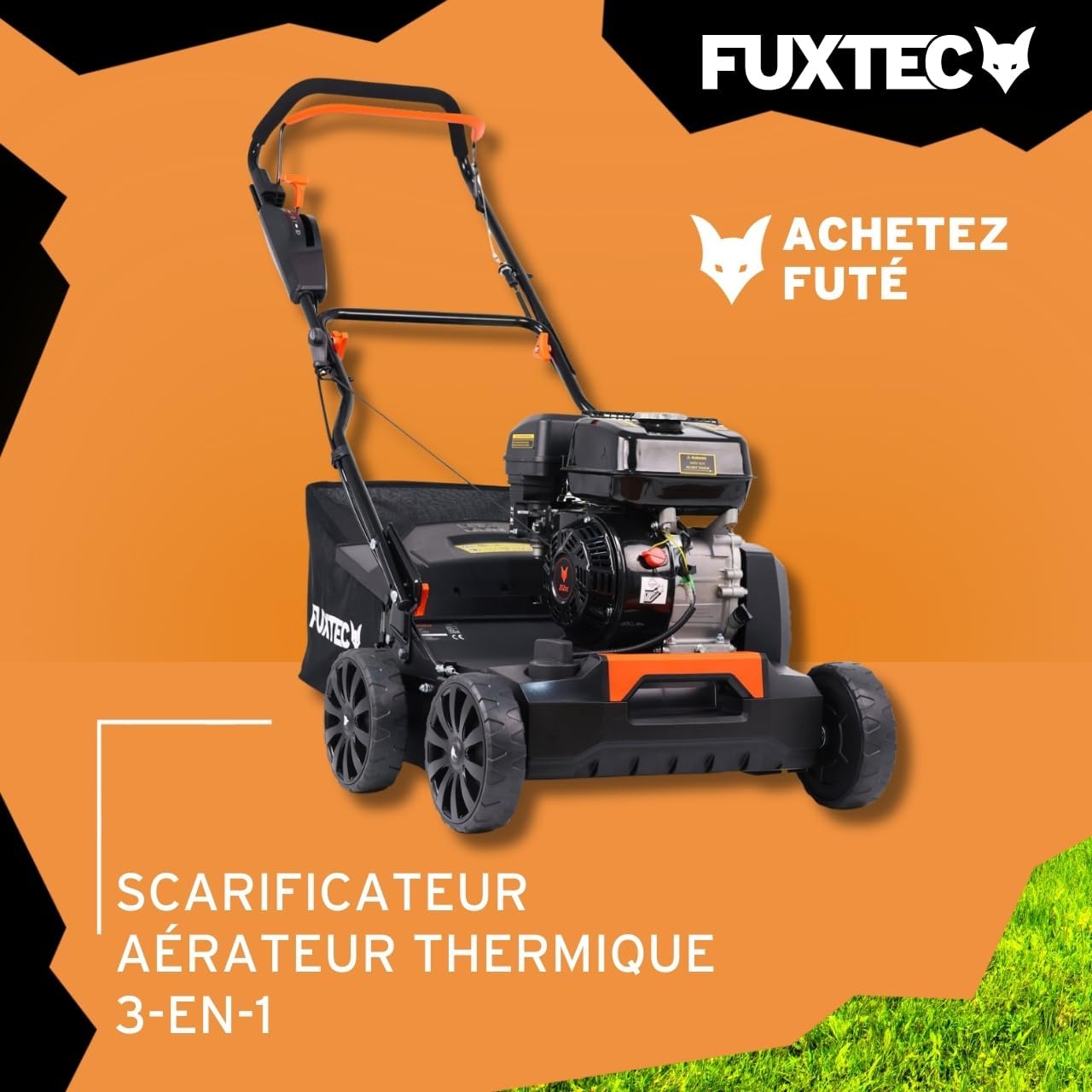 Scarificateur Aérateur Thermique 3en1 FX-BV240 Moteur 4 temps 4,1kW rouleau 18 lames et 24 griffes à ressort Poignée de transport et bac de ramassage de 45L Avec griffes et lames - Bac 45L