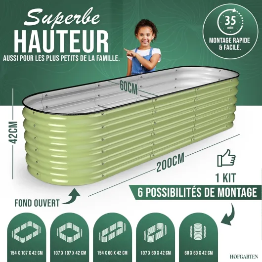 200x60x42cm Potager Surélevé de Jardin, Kit 6-en-1, Bac Potager Extérieur à Fond Ouvert en Acier Galvanisé Zn-Al-MG I Durable et Antirouille I Modèle QuickGrow, Vert