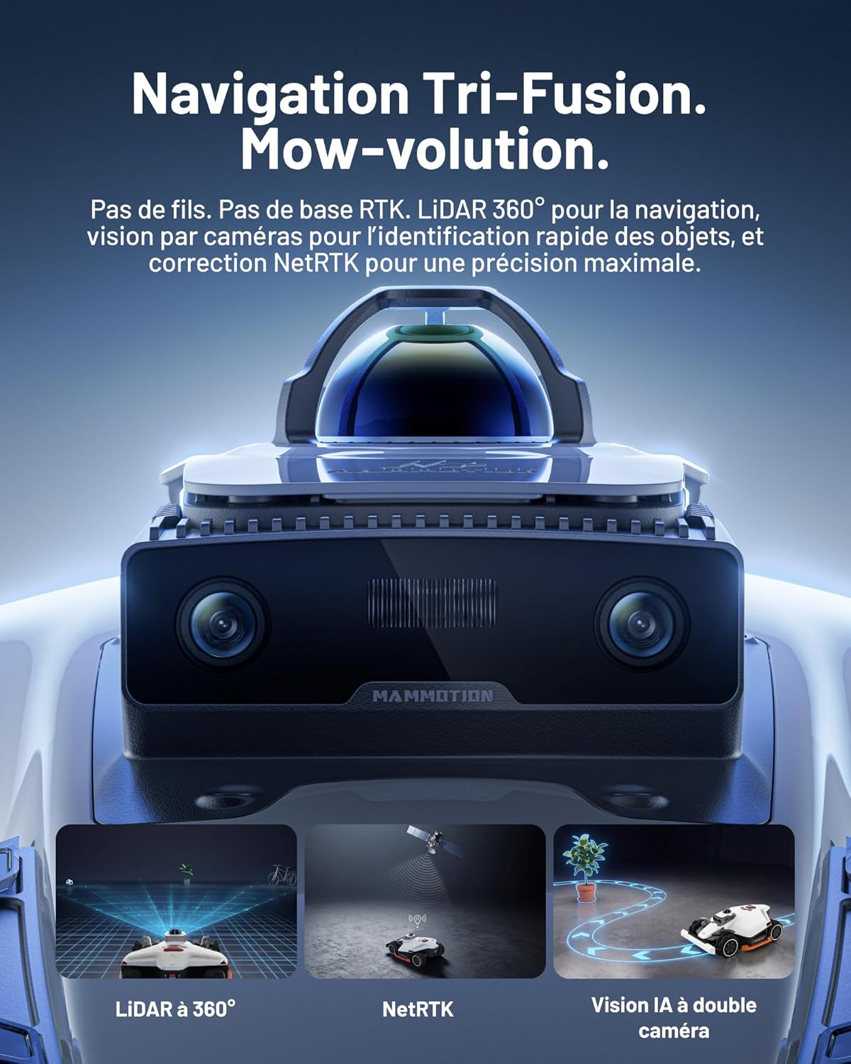 LUBA 3 AWD 3000 Robot Tondeuse, Positionnement Tri-Fusion 360° LiDAR+NetRTK+AI Vision, 80% pentes, Gestion multizone jusqu'à 30 Zones, Hauteur de Coupe 25-70 mm