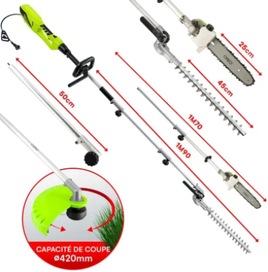 Outil Multifonction électrique 900W -Taille haie - Élagueuse - Débroussailleuse Coupe-bordure - Rallonge 50cm - 2 têtes de coupe