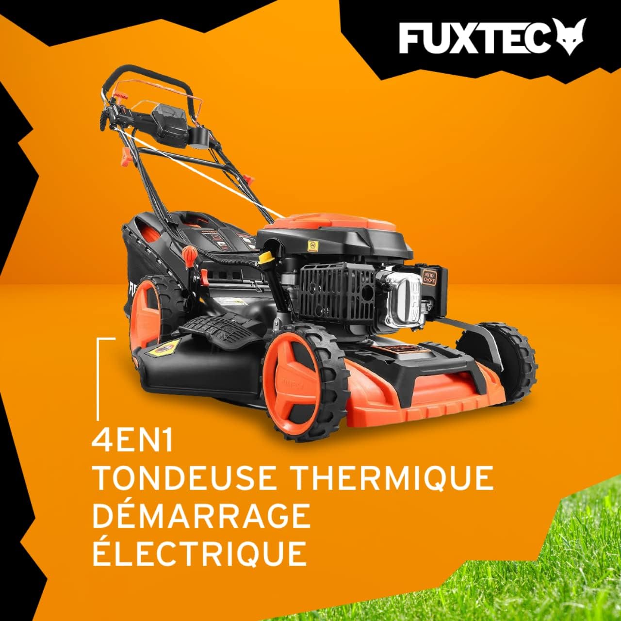 4en1 Tondeuse Thermique Démarrage Électrique FX-RM5196eS - Largeur de Coupe 51cm, Système autotracté, Fonction Mulching, Réglage Central de la Hauteur de Coupe, 60L Bac de ramassage 51 cm - 196 cc - Autotractée - E-start