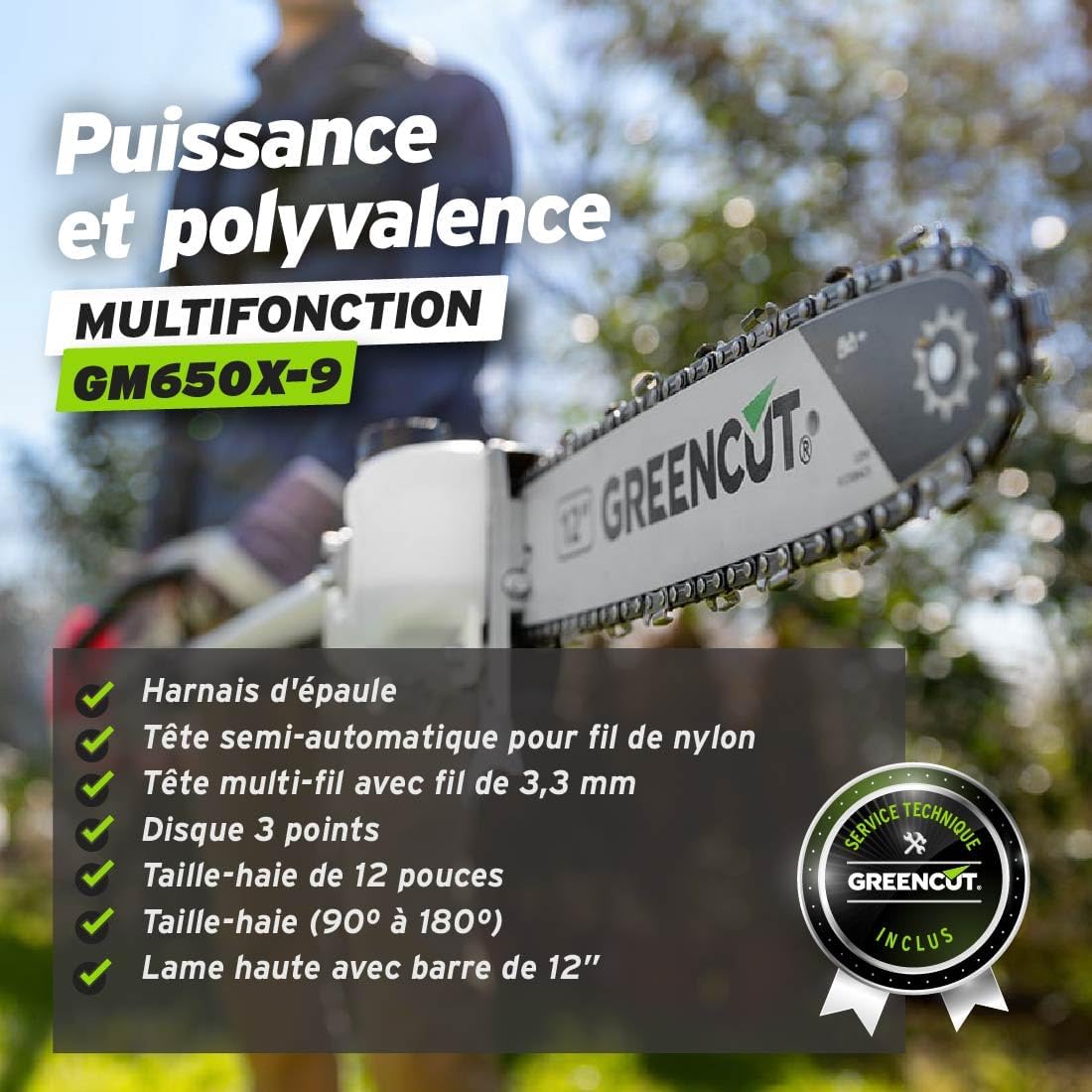 GM650X-9 - Débroussailleuse Multifonctionnel 9 en 1, Moteur Essence 65cc 4,9hp 2 Temps, 9 Accessoires, Fonctions débroussailleuse + élagueuse + Taille-haie