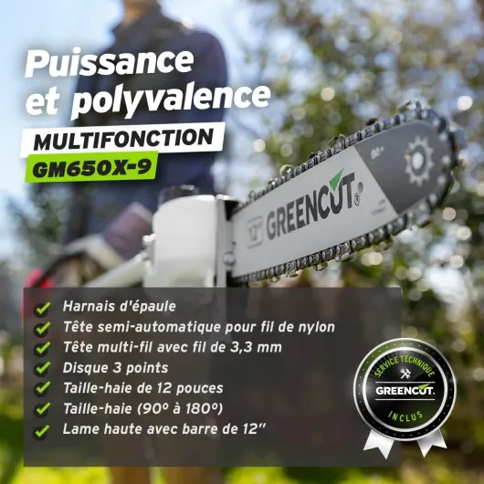 GM650X-9 - Débroussailleuse Multifonctionnel 9 en 1, Moteur Essence 65cc 4,9hp 2 Temps, 9 Accessoires, Fonctions débroussailleuse + élagueuse + Taille-haie