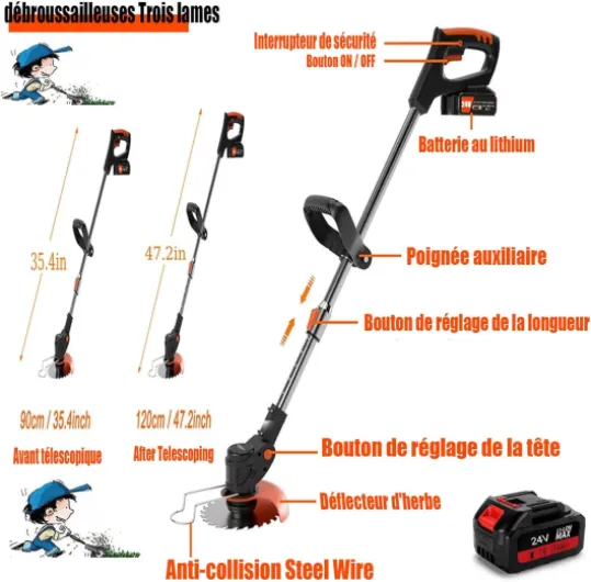 Coupe Bordure sans Fil avec Batterie Debroussailleuse Electrique sans Fil avec 2 pièces Batterie et 3 Types de Lames, pour la Coupe de Jardin, Pelouses et Terres Agricoles greengreen