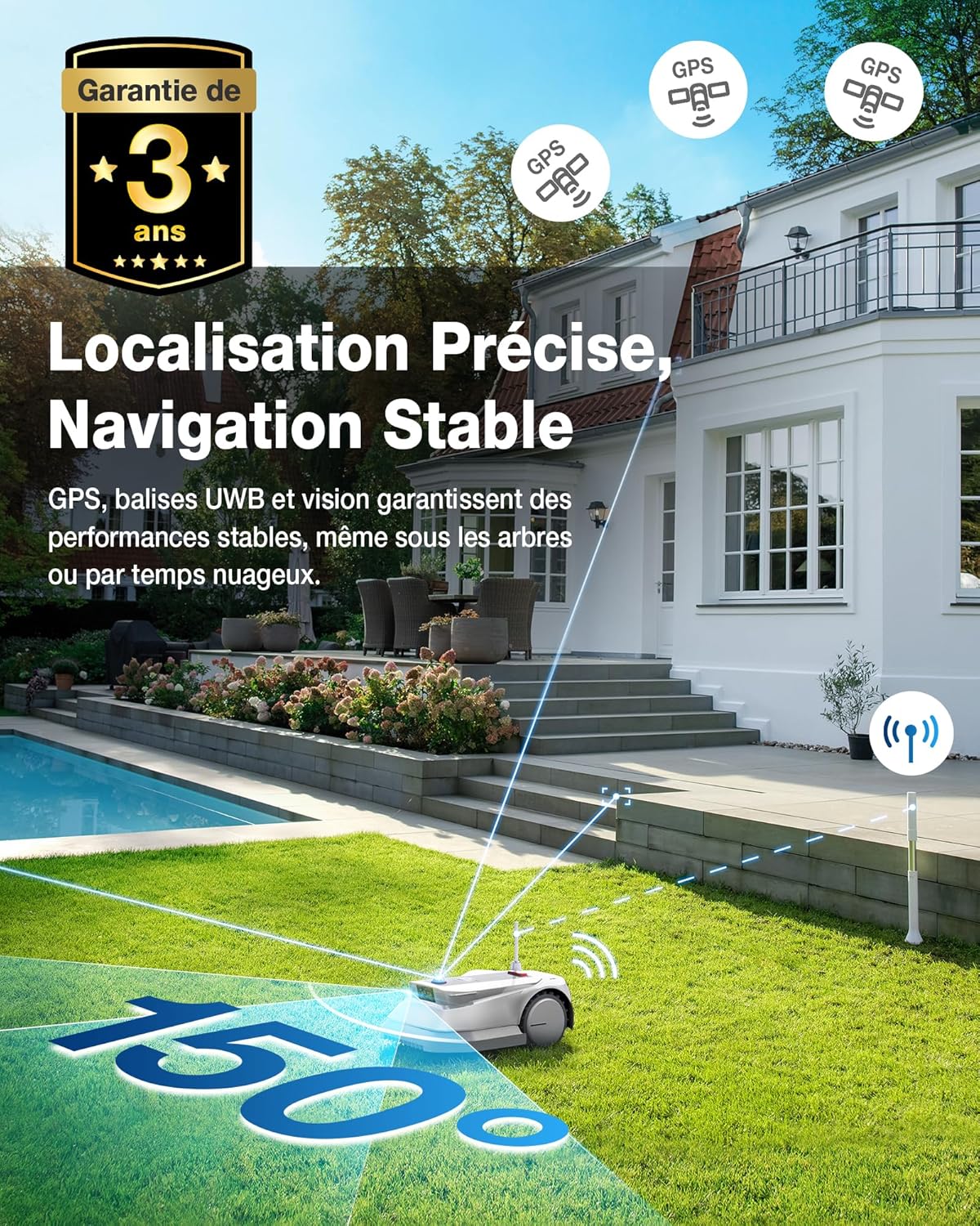 Goat G1-800 Robot Tondeuse sans Fil périphérique 800㎡, cartographie automatique, positionnement Ultra-LargeBande+Vision+GPS, gestion 16 zones, évitement intelligent des obstacles, pente de 45%