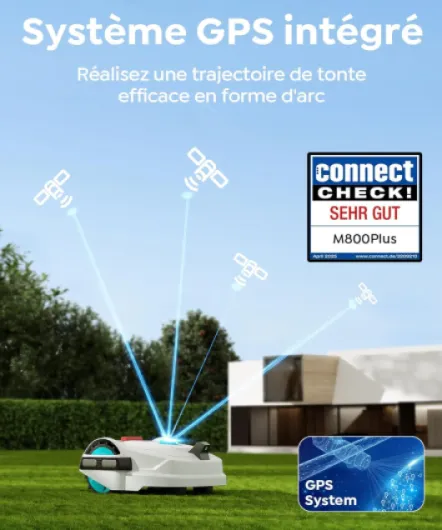 M800Plus Robot Tondeuse sans Fil Périphérique Max 800m², Positionnement GPS + Navigation Visuelle IA, Coupe en U, Retour Automatique Station Charge+APP, Évitement Intelligent des Obstacles Blanc