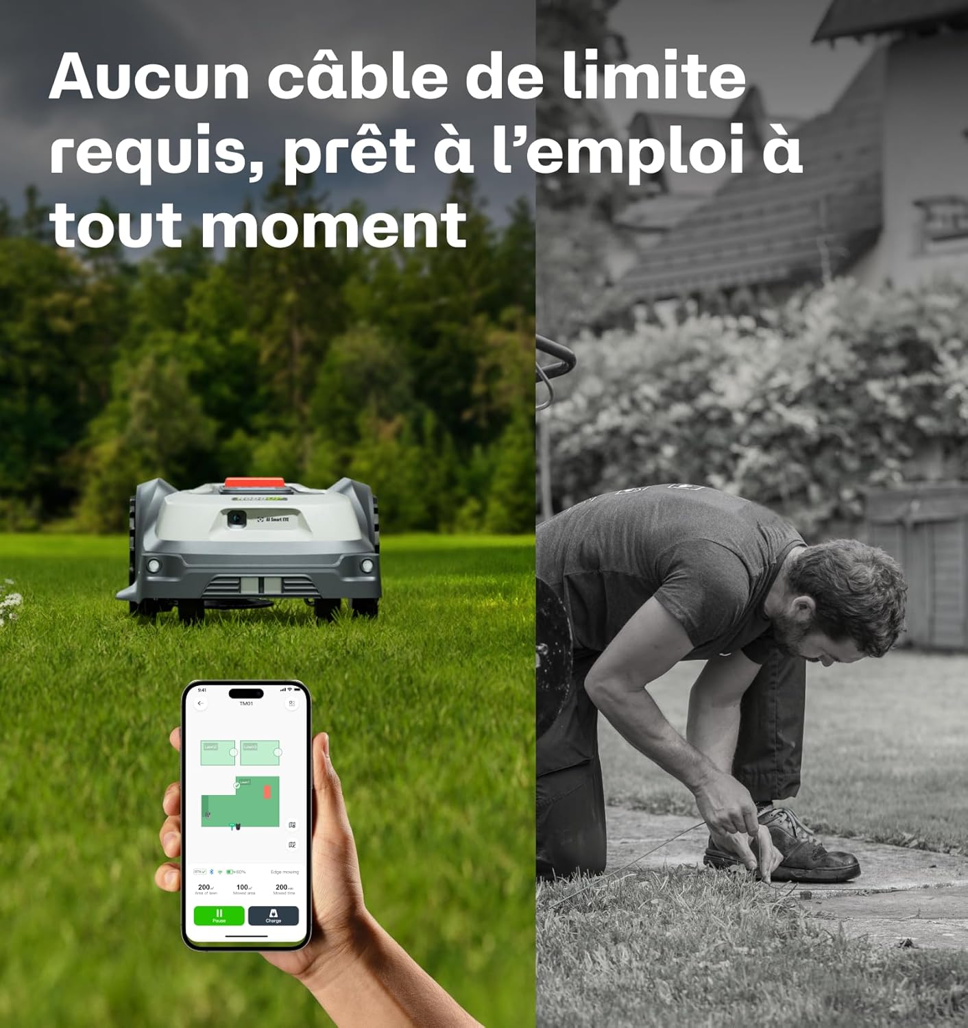 Robot Tondeuse sans Fil Périphérique T1200Pro pour 1500㎡, Robot Tondeuse avec Tonte Personnalisé via APP, Tonte Précise des Bordures, Pentes 24°, Tondeuse Automatique pour Cour Avant et Arrière T1200Pro:1500m²