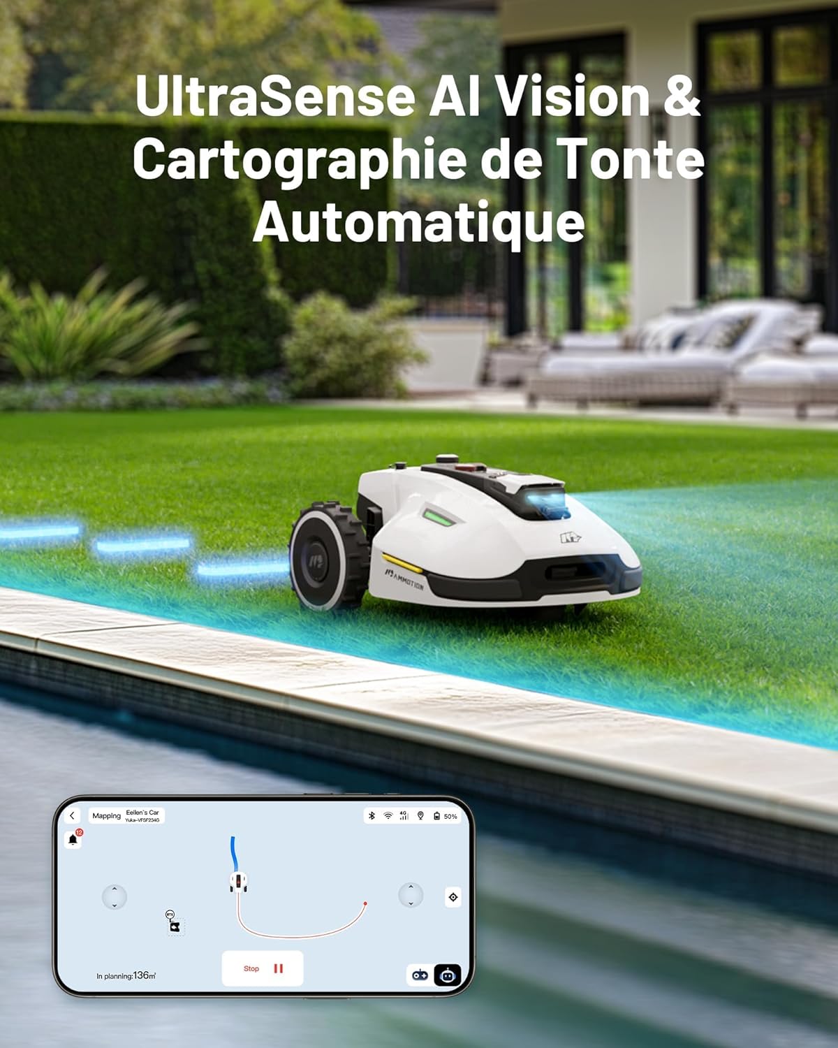 YUKA 3000 Robot Tondeuse sans Fil Périphérique, NetRTK+Vision, Aucune Antenne RTK Requise, Recommandé 3000 m², Pelouse Semblable à Un Tapis, Disque de Coupe Double, Module 4G