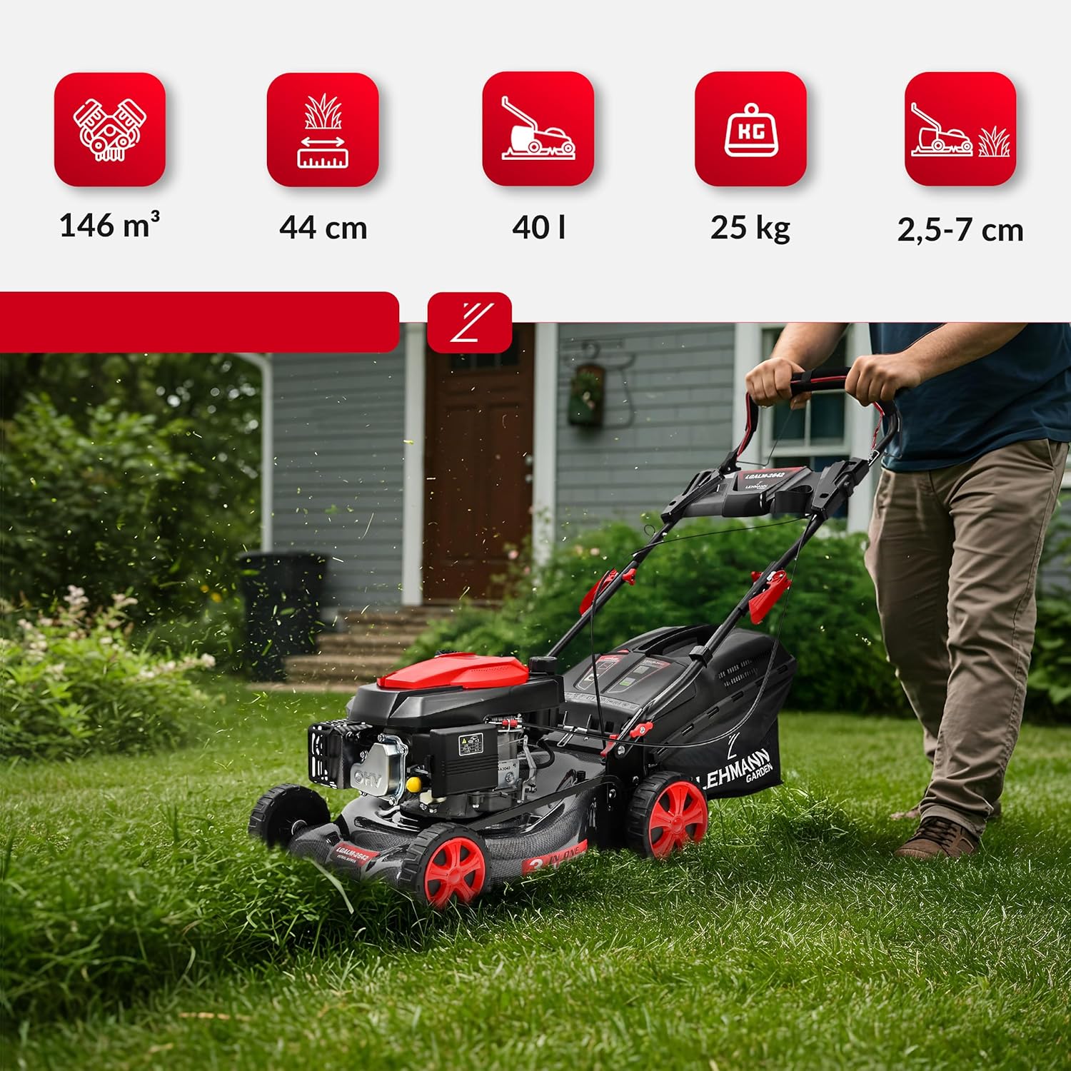 Tondeuse à Gazon Thermique Autotractée, 146 cm³ 2,6 KW, Largeur de Coupe 42 cm, 5 Niveaux 25-70 mm, 40L de Capacité de Ramassage, Surface Jusqu'à 2000 m², Carrosserie Solide en Carbone