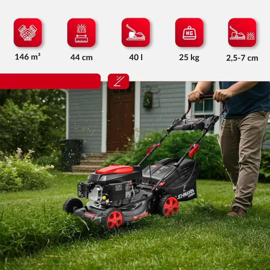 Tondeuse à Gazon Thermique Autotractée, 146 cm³ 2,6 KW, Largeur de Coupe 42 cm, 5 Niveaux 25-70 mm, 40L de Capacité de Ramassage, Surface Jusqu'à 2000 m², Carrosserie Solide en Carbone