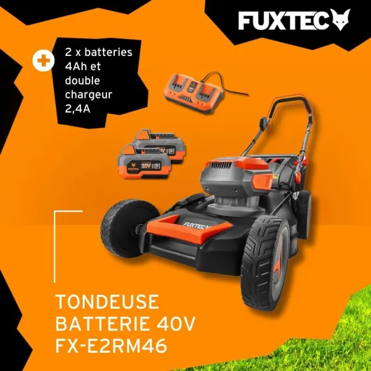 Tondeuse à Gazon sans Fil 40V (2x20V) E2RM46 Autotractée, Mulching et Éjection latérale - Set Batteries 2x4Ah et Chargeur - Largeur De Coupe 46cm, 50L, Hauteur De Coupe 25-75mm 46 cm - 2 batteries + chargeur - Autotractée