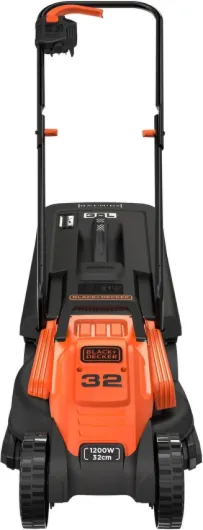 BLACK+DECKER Tondeuse Filaire 1200W, Tondeuse à Gazon 32 cm, 3 hauteurs réglables 23, 43 et 63 mm, Idéale Jusqu'à 300 m², Lame à Ailettes pour un Broyage et Hachage Optimal, BEMW451-QS Orange Unique