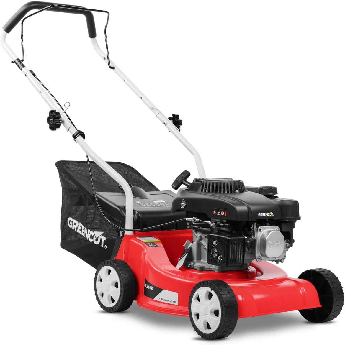 GLM660X - Tondeuse à Gazon à Essence 4 Temps, Moteur Puissant, Largeur de Coupe réglable de 39 cm, avec bac de ramassage, idéale pour Les Jardins jusqu'à 300 m², Couleur Rouge et Noir Unique