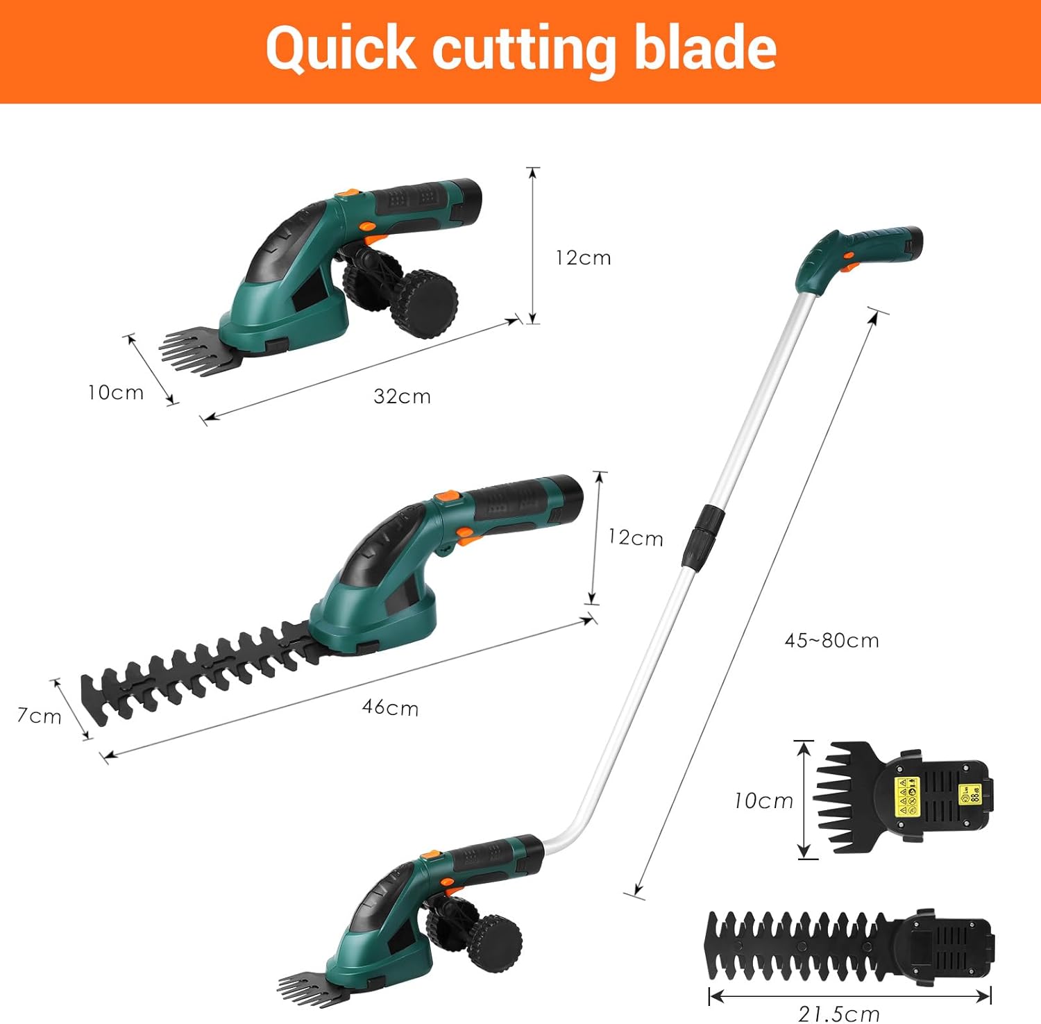 Coupe Bordure sans Fil, Cisaille à Gazon avec Batterie 7.2V et Chargeur, Taille Haies sans Fil, Tondeuse à Gazon, Manche Long Télescopique Détachable, pour Couper Gazon/Buisson/Haie,Vert foncé