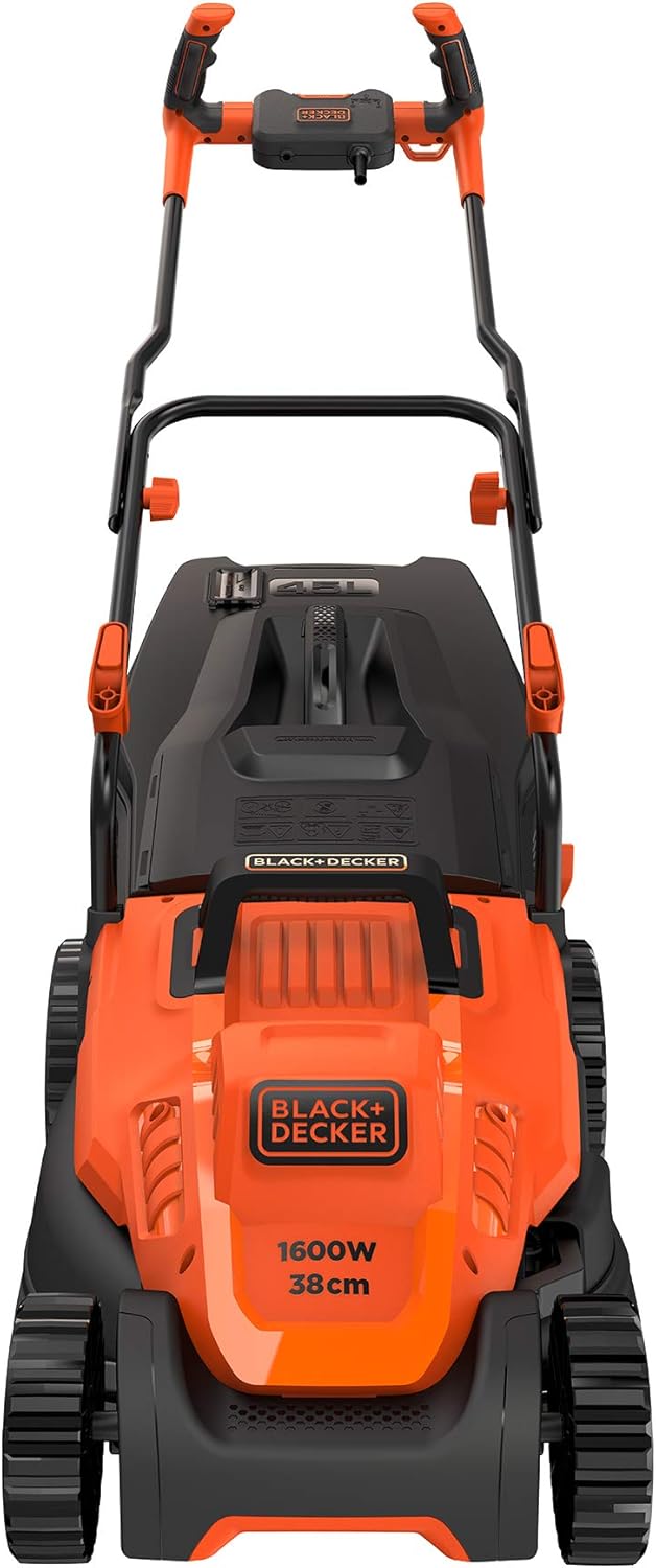 BLACK+DECKER Tondeuse Filaire 1600W, Tondeuse à Gazon Electrique 38 cm, 6 hauteurs réglables 20, 30, 40, 50, 60 et 70 mm, Tondeuse avec Poignée Bike, BEMW471BH-QS Orange Unique