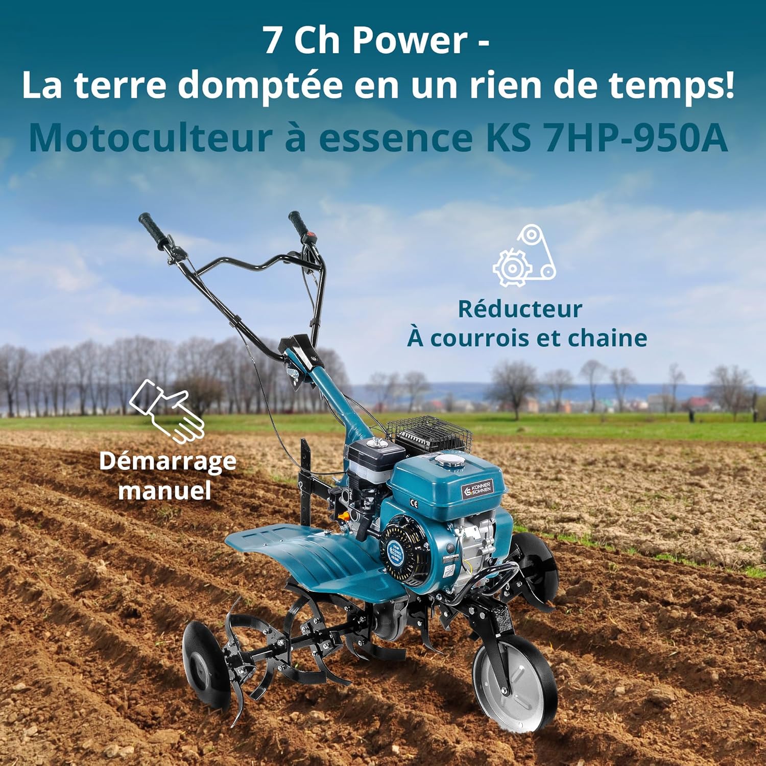 Könner & Söhnen KS 7HP-950A, Cultivateur à Essence cylindrée 212 cm3, Motoculteur de Jardin, de Labour Max - 31 cm, motobineuse pour parcelles familiales, parterres de Fleurs et parcelles de Jardin.