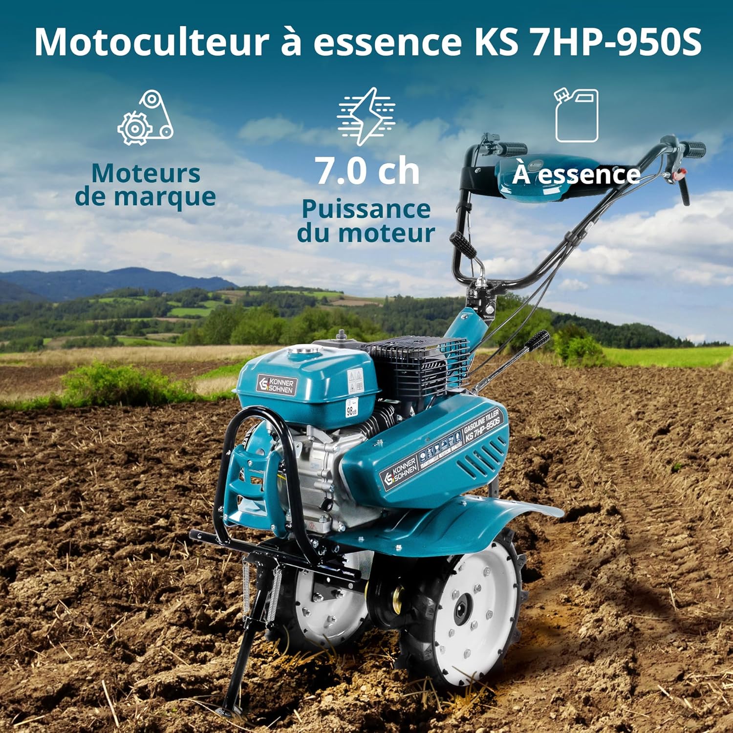 Könner & Söhnen KS 7HP-950S, Motoculteur à essence, motobineuse, entraînement par chaîne, 2 vitesses avant, marche arrière, largeur de travail 108 cm, profondeur 31 cm, puissance du Cultivateur 7,0 ch