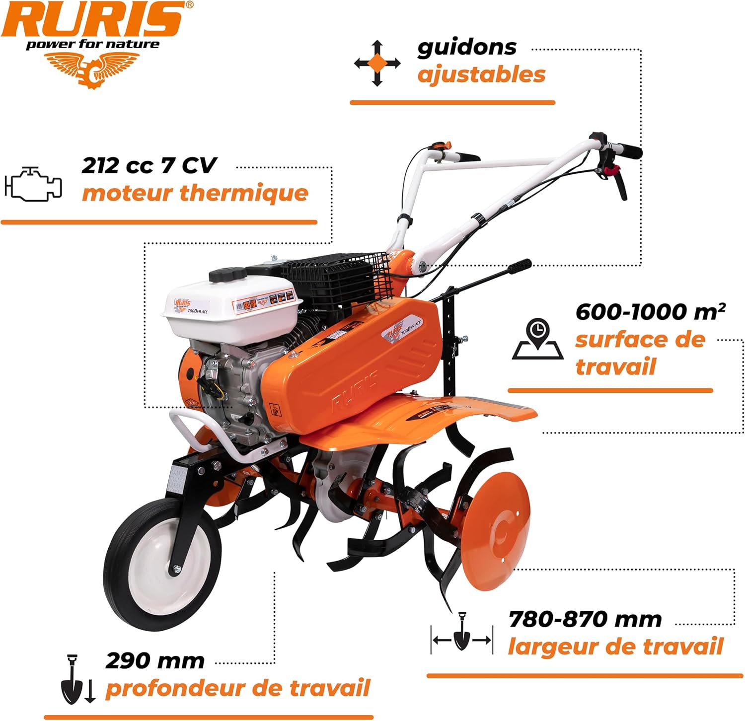 Motobineuse Thermique 7000fr ACC1, 7 CV, 212cc, Largeur de Travaille 780-870mm, Roues en Caoutchouc + Roues metalliques + Butteur, Orange Motobineuse + accessoires
