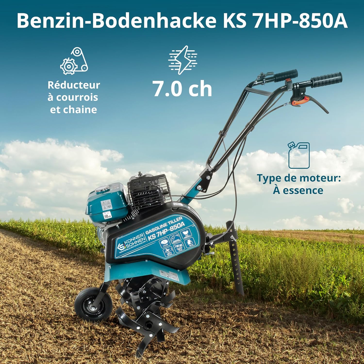 Könner & Söhnen KS 7HP-850A Motoculteur à Essence avec Transmission par Courroie, Fraise de Jardin avec Fraises forgées, cultivateur à Moteur avec soc réglable, Moteur 7 CV, cultivateur de Jardin PS 7.0 Arbeitsbreite ≤ 80