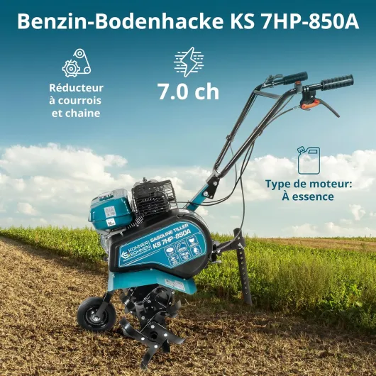 Könner & Söhnen KS 7HP-850A Motoculteur à Essence avec Transmission par Courroie, Fraise de Jardin avec Fraises forgées, cultivateur à Moteur avec soc réglable, Moteur 7 CV, cultivateur de Jardin PS 7.0 Arbeitsbreite ≤ 80