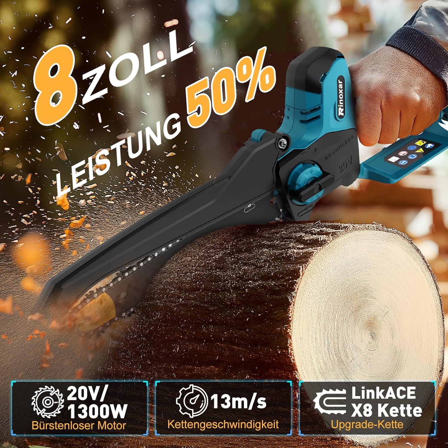 Mini Tronconneuse à Batterie, 8 Pouces Tronçonneuse Électrique Sans Fil 20V/8000mAh avec Graisseur Automatique, Chaîne de Remplacement,1300W Moteur sans Balais, Pour le Jardinage - PowerCut X9 Pro