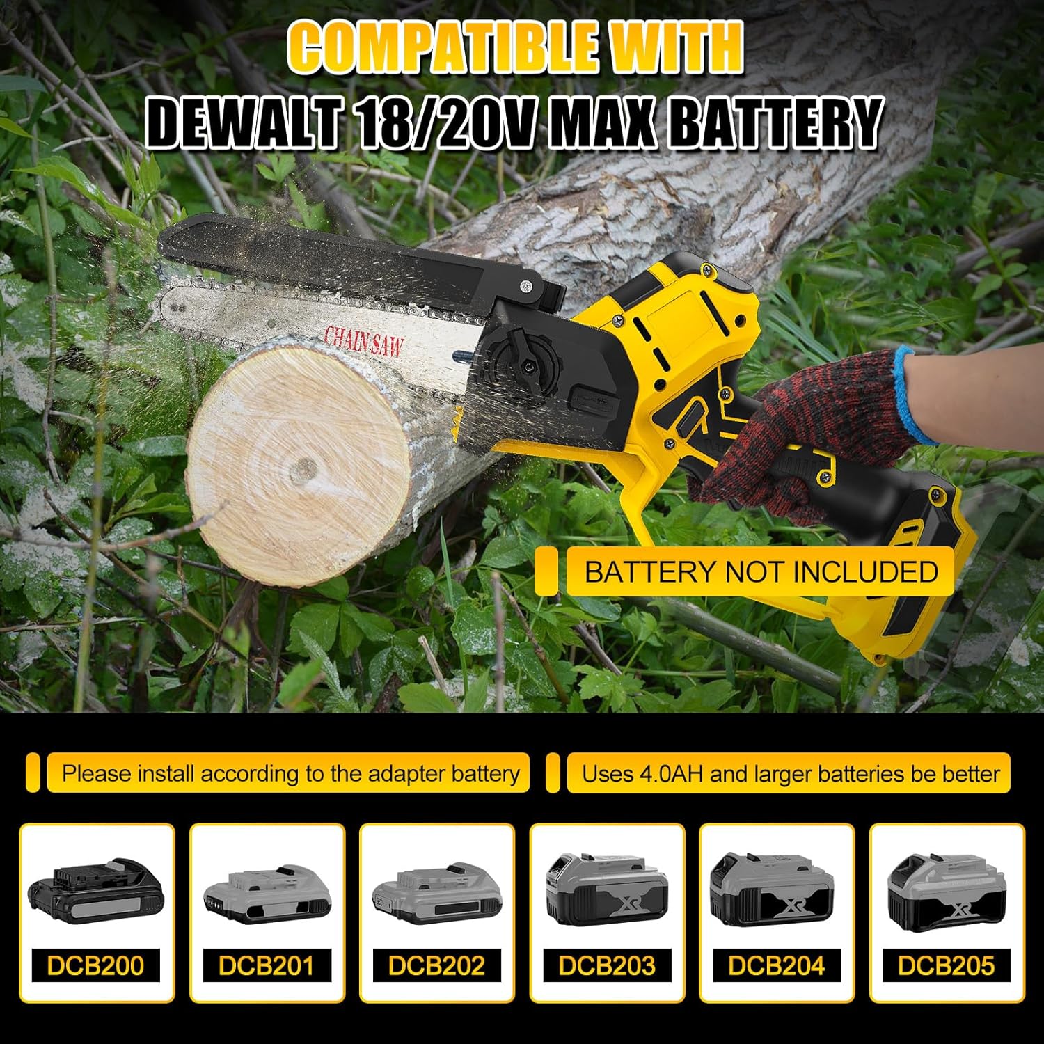 Mini tronçonneuse électrique compatible avec Dewalt 18V 20V (sans batterie), tronçonneuse électrique sans balais de 8 pouces 6 pouces, petite tronçonneuse à chaîne, verrouillage de sécurité, scie à Jaune Dw2