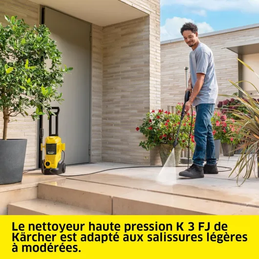 Kärcher Nettoyeur Haute Pression K 3 FJ Home, Pression : max - 120 bar, Débit : 380 l/h, Surface : 25 m²/h, Poids : 4,3 kg, Pistolet Haute Pression, Rotabuse, Lance Vario Power, Buse à Mousse, Home Kit