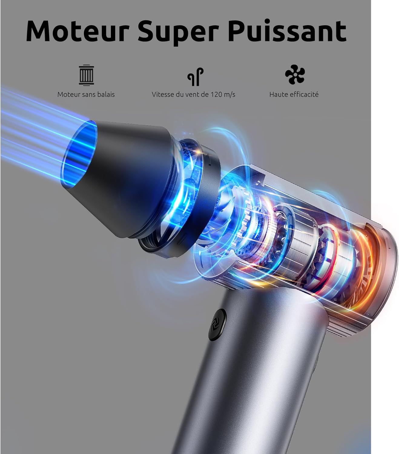 Souffleur Air Comprimé en Métal, 300000 TR/Min de Pulvérisation d’Air Comprimé avec 3 Vitesses réglables, air comprimé Nettoyage pc, souffleur Batterie pour Voiture, Maison et extérieur - Compact Gris étoilé