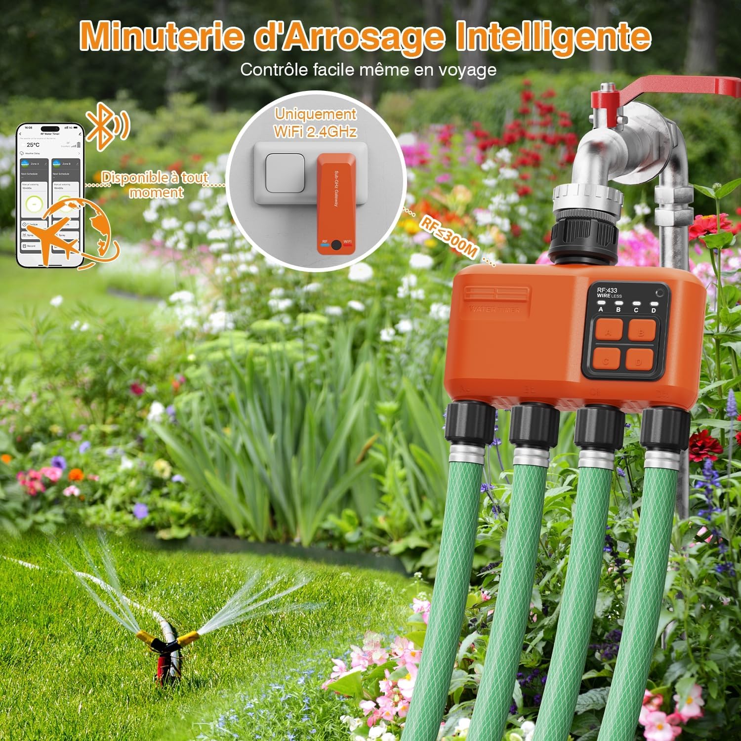 Programmateur Arrosage WiFi 4 Zones, Contrôle à Distance par Appli, Compatible Alexa Google, Portée 300m, Mode Pluie, pour Jardin 4 Voies