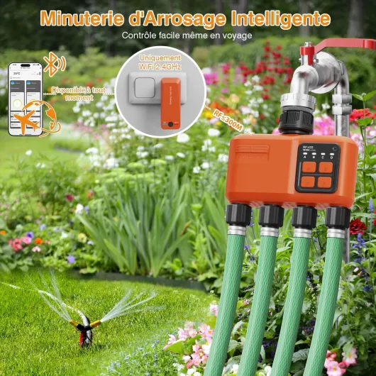 Programmateur Arrosage WiFi 4 Zones, Contrôle à Distance par Appli, Compatible Alexa Google, Portée 300m, Mode Pluie, pour Jardin 4 Voies