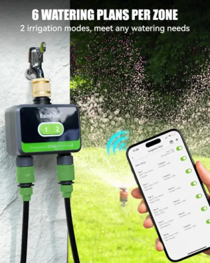 Programmateur Arrosage WiFi 2 Sorties, entrée en Laiton, minuterie d'arrosage Automatique de Jardin avec Application/Commande vocale, Programmateur d'arrosage Wi-FI pour Serre de Jardin Wlan