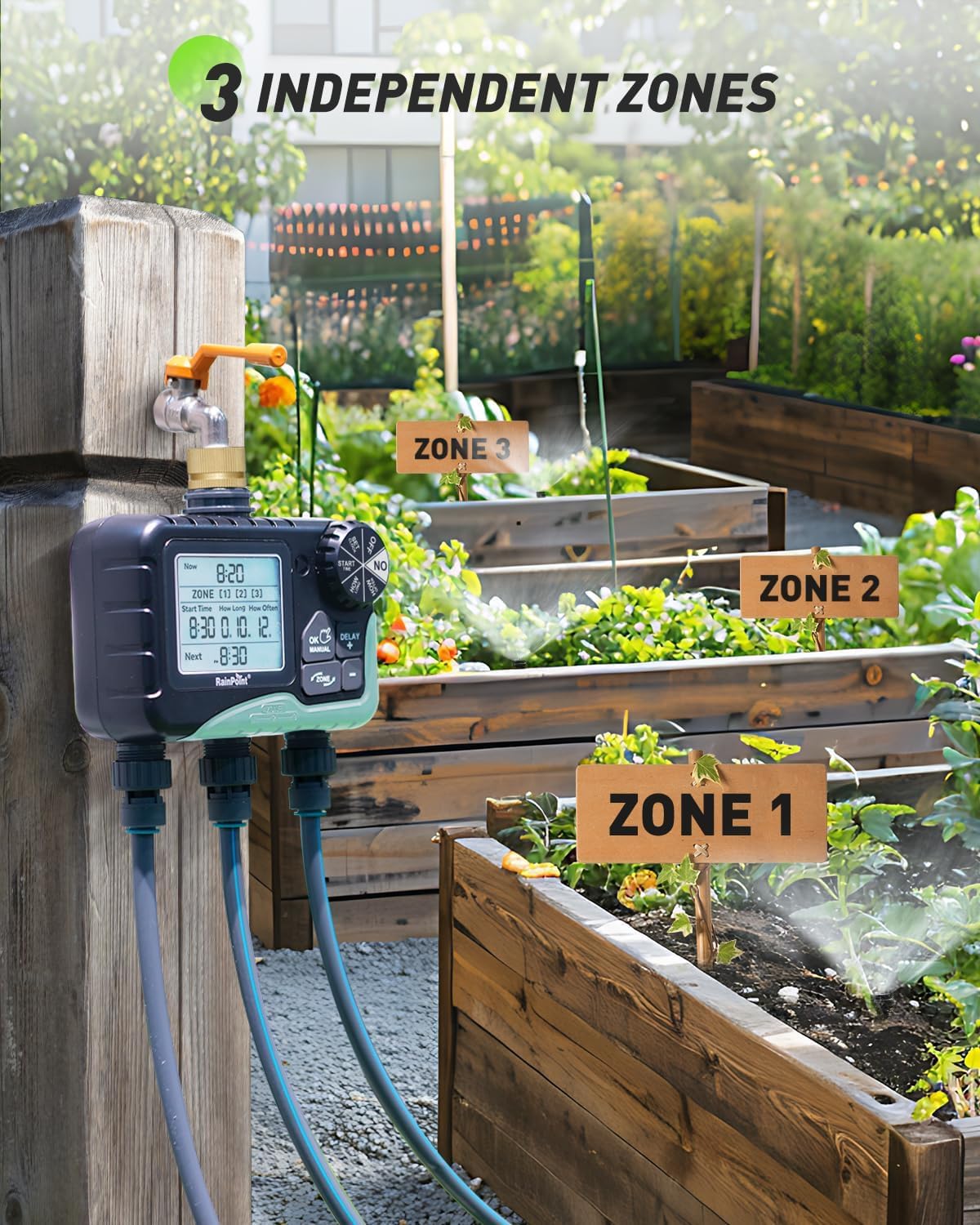 Programmateur Arrosage 3 Sorties, entrée en Laiton, Programmateur d'arrosage Automatique avec Retard De Pluie/Arrosage Manuel/Grand écran LCD, Minuterie D'arrosage pour Jardin, Pelouse 3 Zone Brass