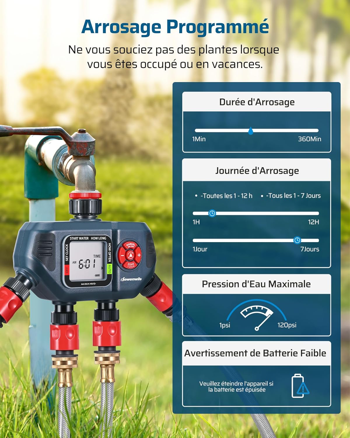 Programmateur Arrosage 4 Voies, 4 Programmes d'arrosage par Zone, Arrosage Automatique pour Jardin Pelouse Pool, Retard de Pluie/Mode Automatique et Manuel/ IP54 Étanche