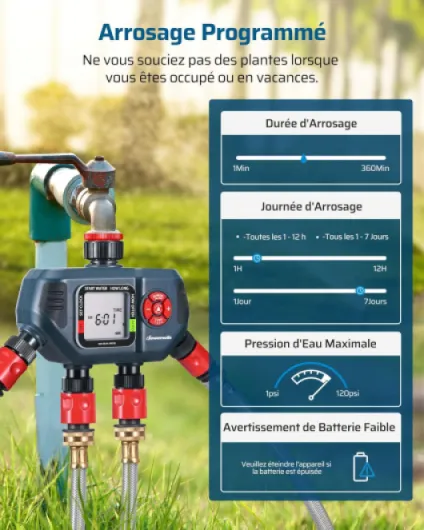 Programmateur Arrosage 4 Voies, 4 Programmes d'arrosage par Zone, Arrosage Automatique pour Jardin Pelouse Pool, Retard de Pluie/Mode Automatique et Manuel/ IP54 Étanche