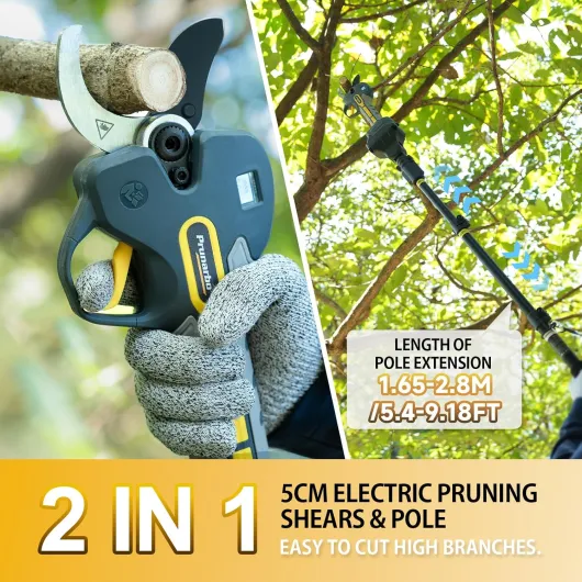 2 en 1 Sécateur Électrique Sans Fil 50 mm avec Perche et Deux Batterie 4Ah Coupe Branche Télescopique Extensible 1.5-2.8M - Compatible avec Makita 18V Batterie (PR-E50-Set)