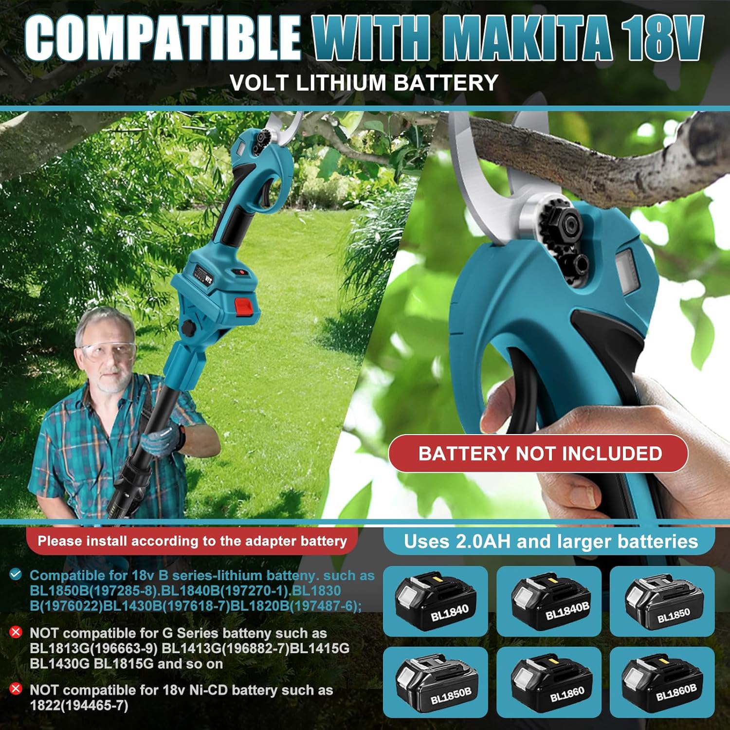 Secateur electrique sans fil avec Perche pour Makita 18V, Portée de 4,6 m, 45 mm Secateur Telescopique Electrique & Sécateur à Batterie, Professionnel Secateur de Jardin Moteur Sans Balai A1-0024