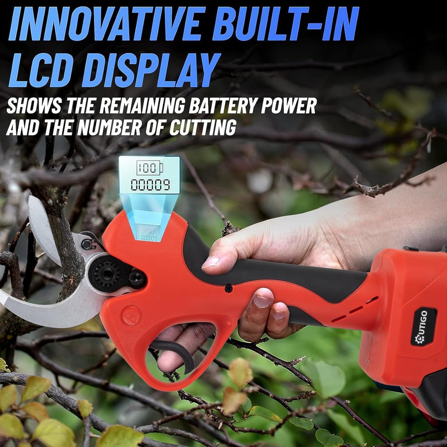 Sécateur Électrique Sans fil, 40mm Secateur Electrique 6000 mAh, Sécateur électrique avec Écran avec 2 Batteries de 3.0Ah pour la taille, le jardinage, les arbres fruitiers et le vignoble KF4