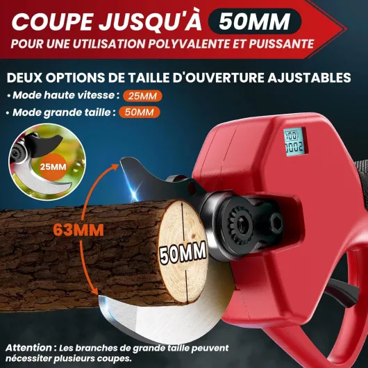Sécateur Électrique Sans fil, 50mm Secateur Electrique, Sécateur électrique avec Écran avec 2 Batteries de 2.0Ah pour la taille, le jardinage, les arbres fruitiers et le vignoble Ciseau PS01R