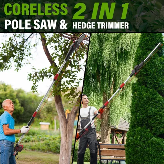 2-en-1 Élagueur sur Perche et Taille Haie Télescopique sans Fil, Batterie Li-ION 20 V 4000mAh,Poignée Principale Orientable,Tête Inclinable,Moteur sans balais de 42 cm, Bandoulière Incluse-TEENO Scie à chaîne téléc - et taille-haie 2 en 1