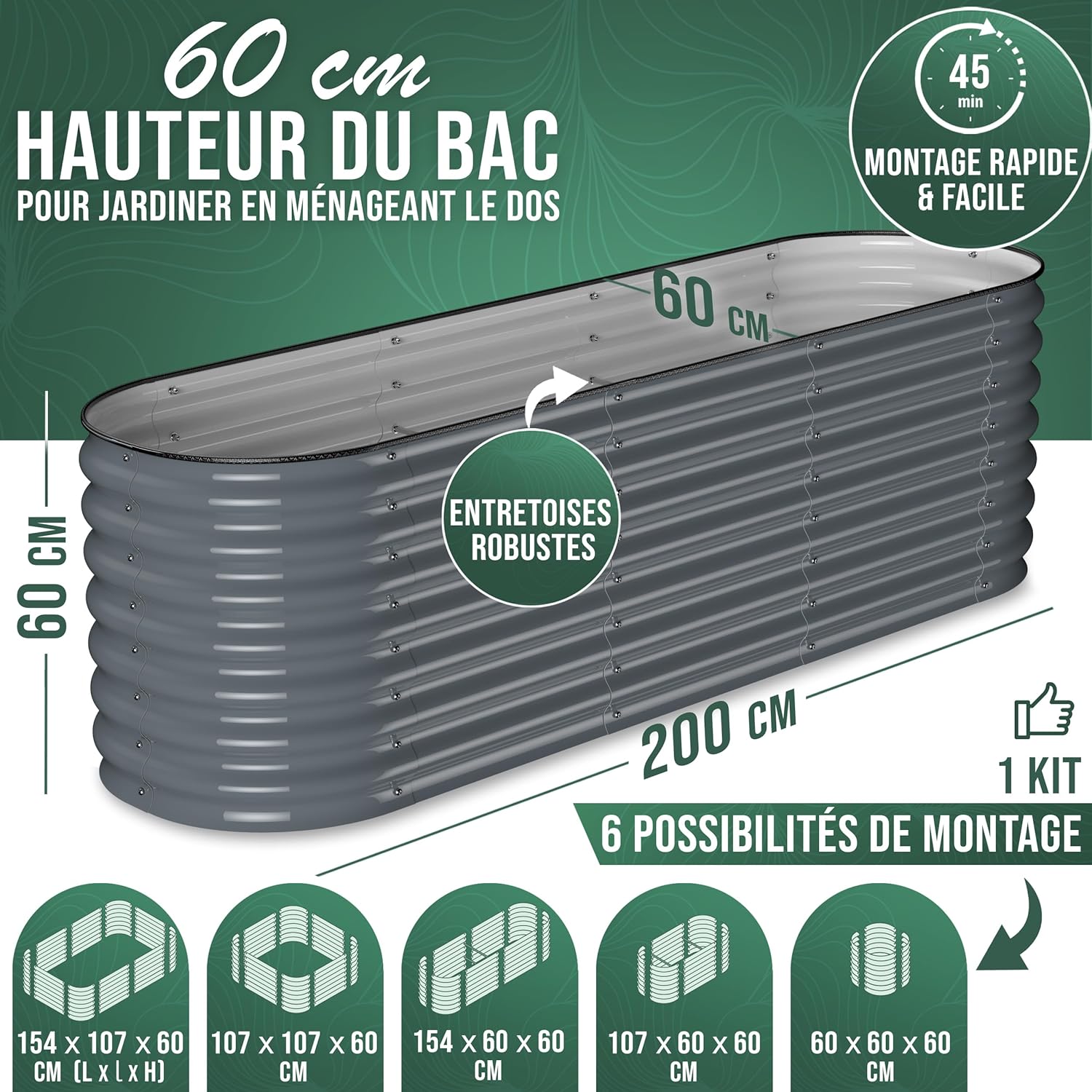 200x60x60cm Potager Surélevé de Jardin [Kit Modulaire 6-en-1] Bac Potager Extérieur à Fond Ouvert en Acier Galvanisé Premium Zn-Al-MG, Durable & Antirouille - QuickGrow Plus (Anthracite) Anthracite 200x60x60cm (Kit 6en1)