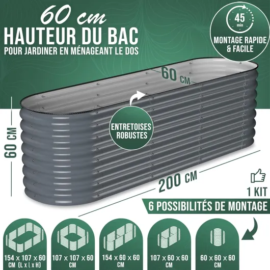 200x60x60cm Potager Surélevé de Jardin [Kit Modulaire 6-en-1] Bac Potager Extérieur à Fond Ouvert en Acier Galvanisé Premium Zn-Al-MG, Durable & Antirouille - QuickGrow Plus (Anthracite) Anthracite 200x60x60cm (Kit 6en1)