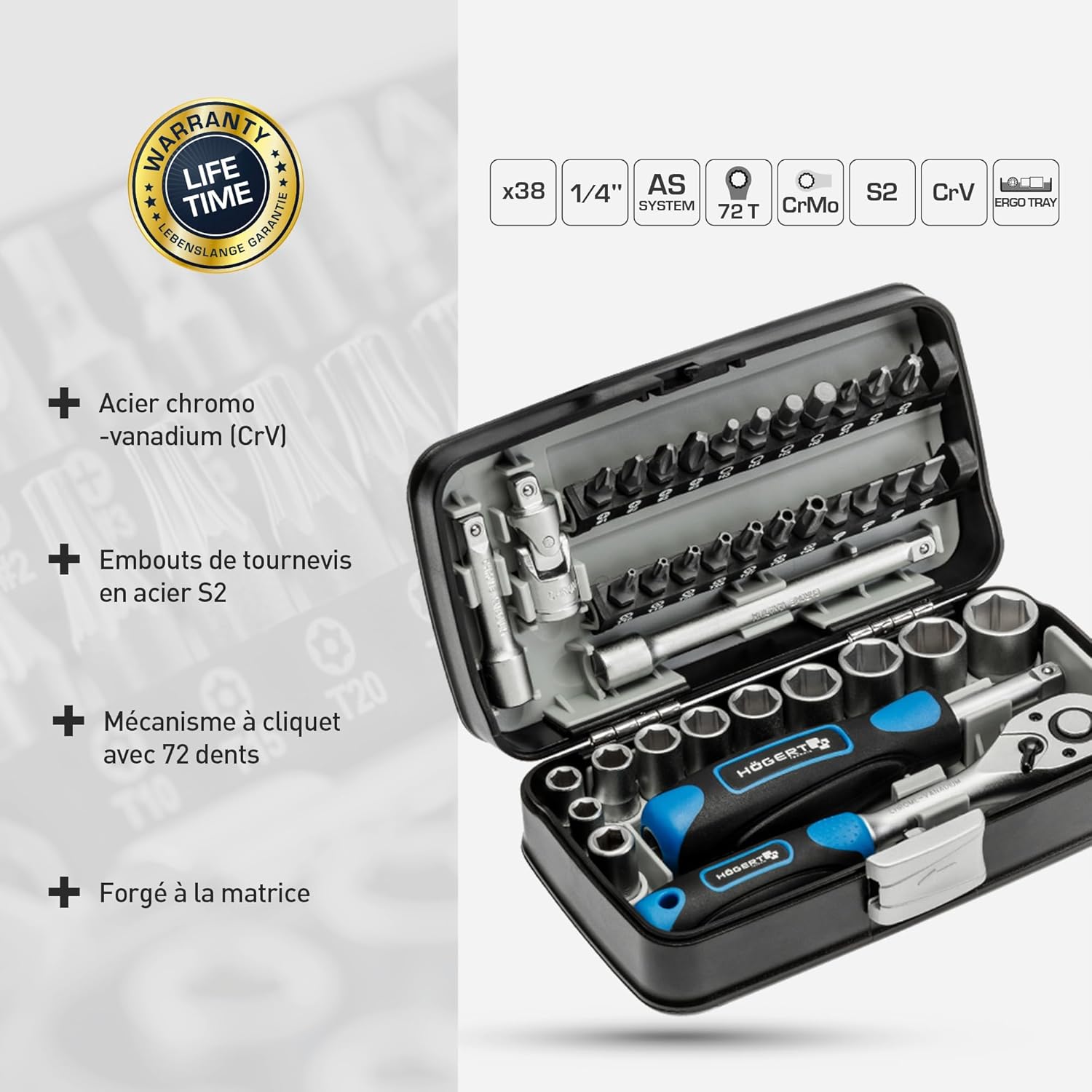 Högert HT1R462 Coffret à outils Jeu de douilles tournevis à cliquet Noir/bleu 1/4" 38 pièces