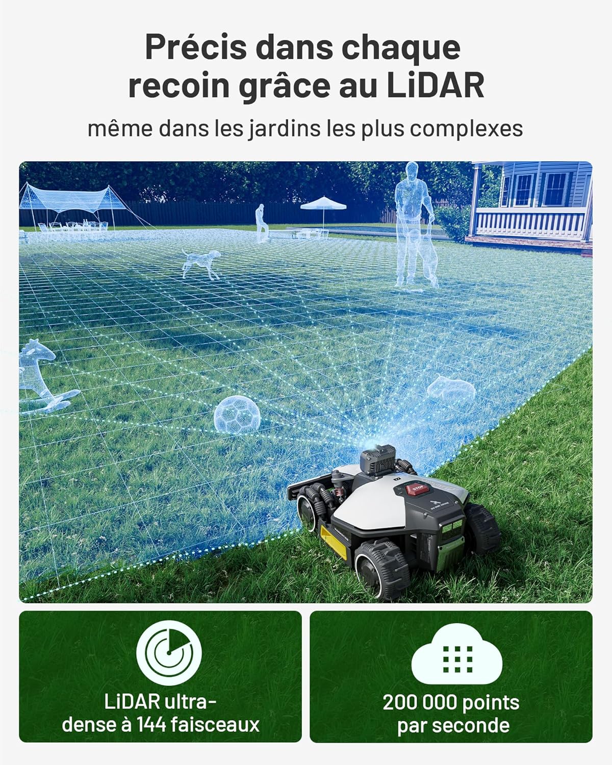 LUBA Mini AWD LiDAR – Robot Tondeuse sans Fil Périphérique, avec LiDAR 3D+Vision, sans antenne RTK, cartographie Automatique, 1 500 m² recommandés, Module 4G, Pente Jusqu’à 80%