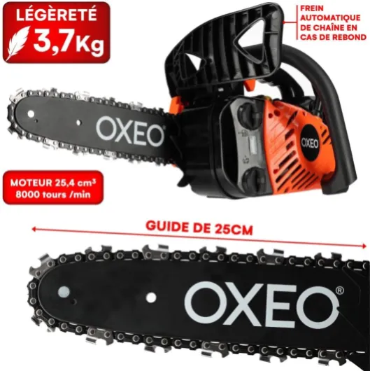Tronçonneuse élagueuse thermique - Cylindrée 25,4cm³ - Guide chaine 10 pouces 25,4cm - 2 chaînes - Porte lime 2en1