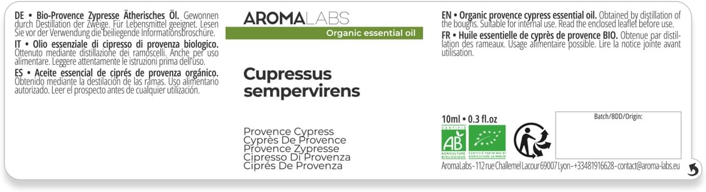 Cyprès De Provence BIO (Cupressus sempervirens) - 10 mL - Huile Essentielle Chémotypée et Certifiée AB - Aroma Labs - Made in France 10 ml (Lot de 1)