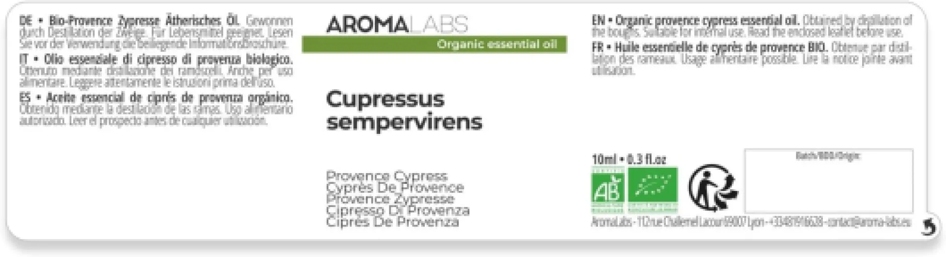 Cyprès De Provence BIO (Cupressus sempervirens) - 10 mL - Huile Essentielle Chémotypée et Certifiée AB - Aroma Labs - Made in France 10 ml (Lot de 1)