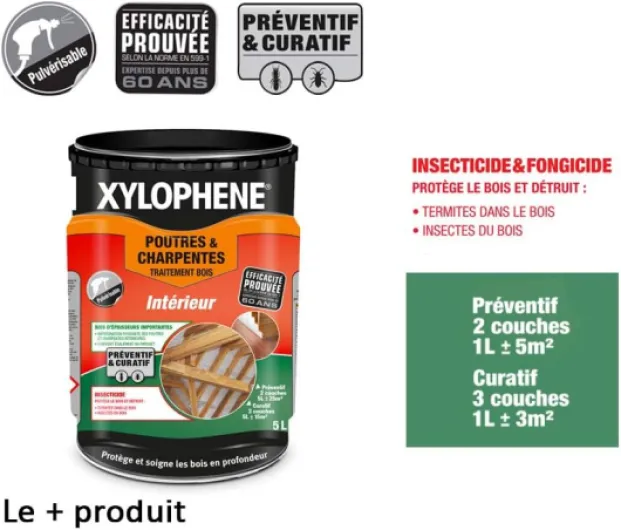 XYLOPHÈNE - Traitement Poutres & Charpentes - Anti Insectes - Traite les Bois de Charpente - Incolore - 5 l