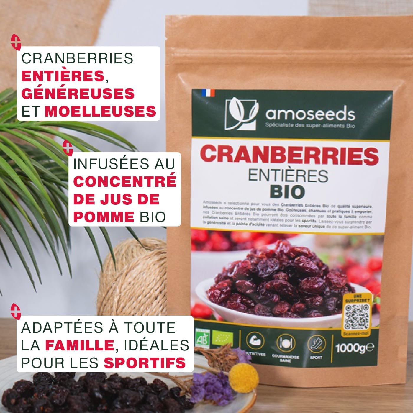 Cranberries Entières Bio 500G - Sans sucre ajouté, naturellement sucrées au jus de pomme - Qualité Supérieure 500 g (Lot de 1)